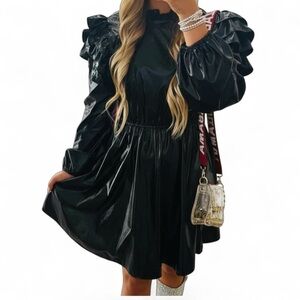 NWOT Jodifl black, faux, leather PVC shiny long sleeve prairie dress Large.